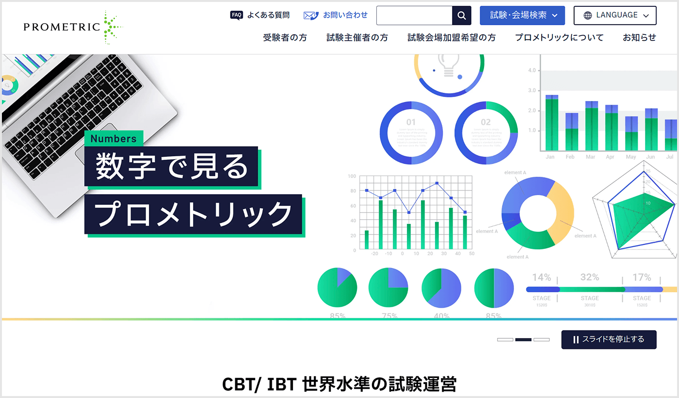 プロメトリックウェブサイトのトップページのスクリーンショット。