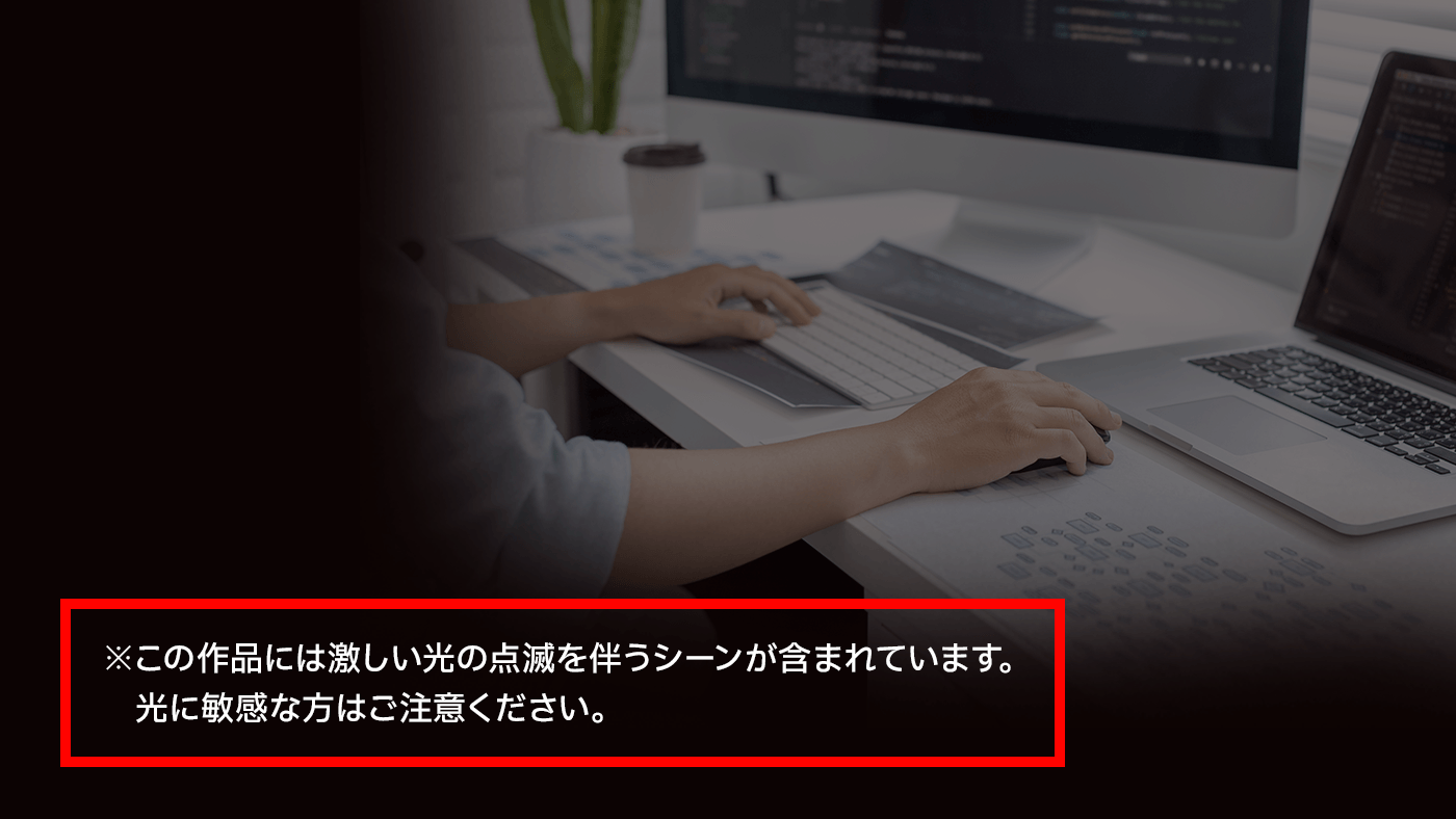 動画紹介画像に、「※この作品には激しい光の点滅を伴うシーンが含まれています。光に敏感な方はご注意ください。」という注意書きがある。注意書きの部分は赤い枠で強調されている。