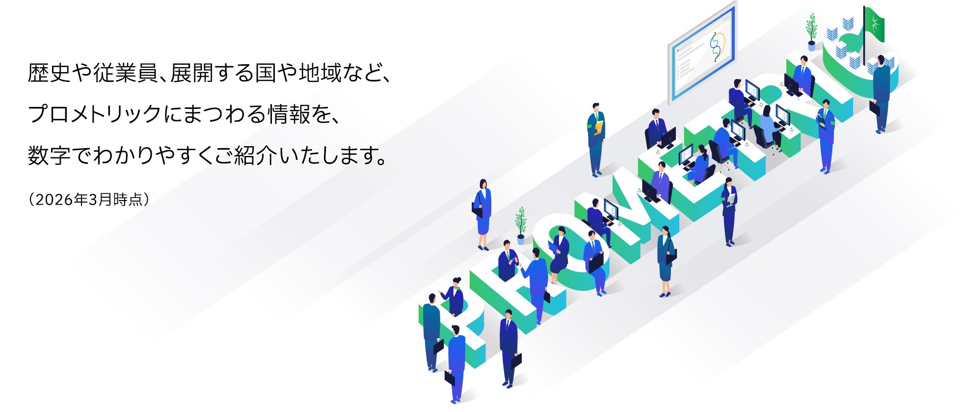 歴史や従業員、展開する国や地域など、プロメトリックにまつわる情報を、数字でわかりやすくご紹介いたします。（2026年3月時点）
