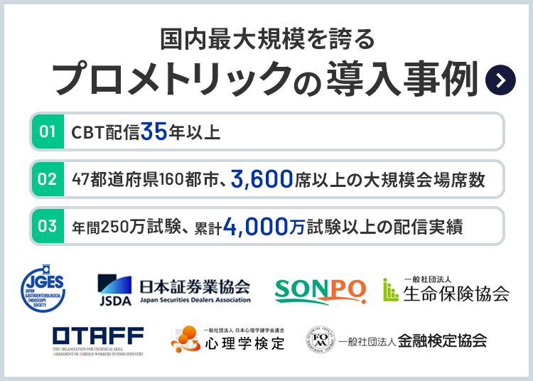 国内最大規模を誇るプロメトリックの導入事例／01.CBTのパイオニア国内外35年以上の実績／02.確かな受験環境 47都道府県、160都市 3,600席以上／03.積み重ねた信頼 国内年間250万試験 累計4,000万試験